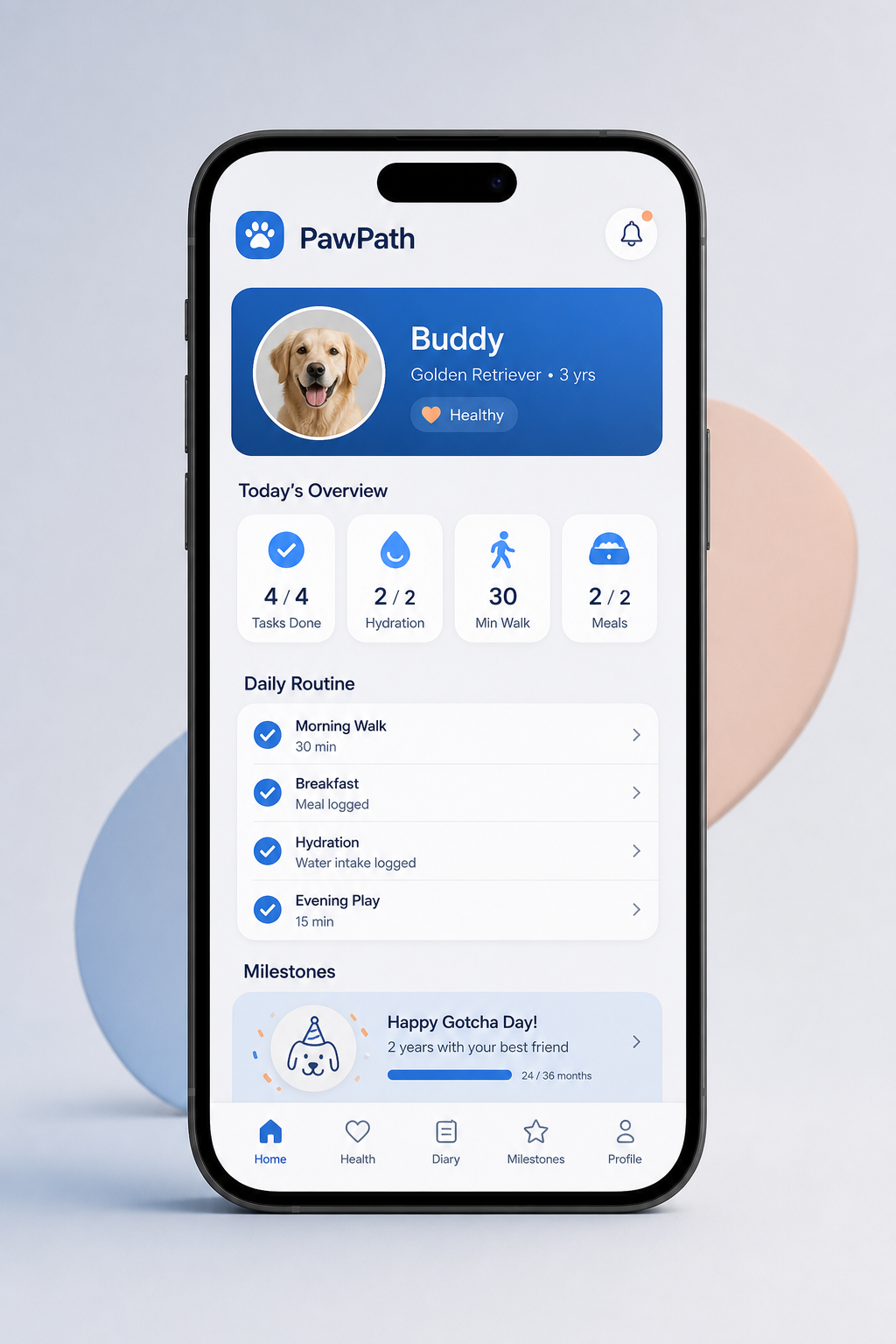PawPath app screen in a smartphone frame