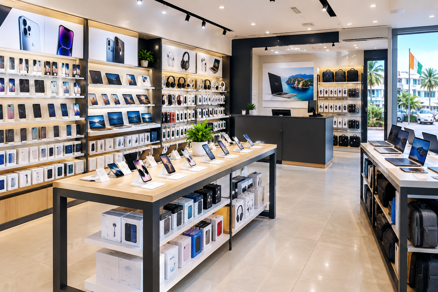 Bright modern electronics storefront with smartphones, tablets, laptops, and accessories displayed on organized shelves