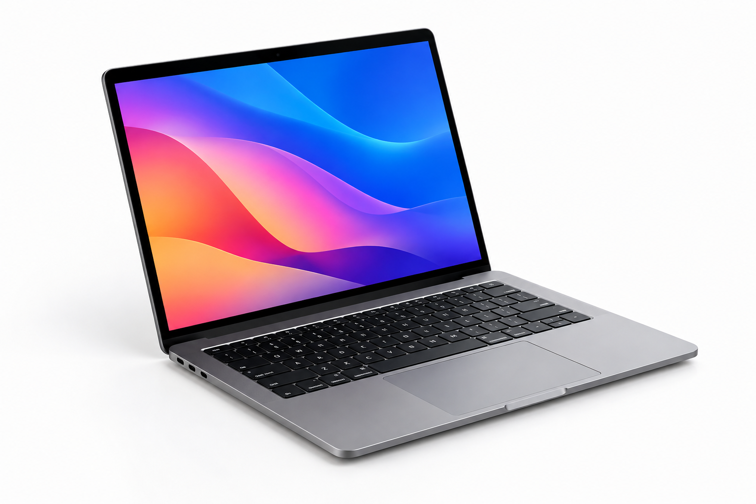 Thin metallic laptop open at three-quarter angle with vivid screen in a retail style setup