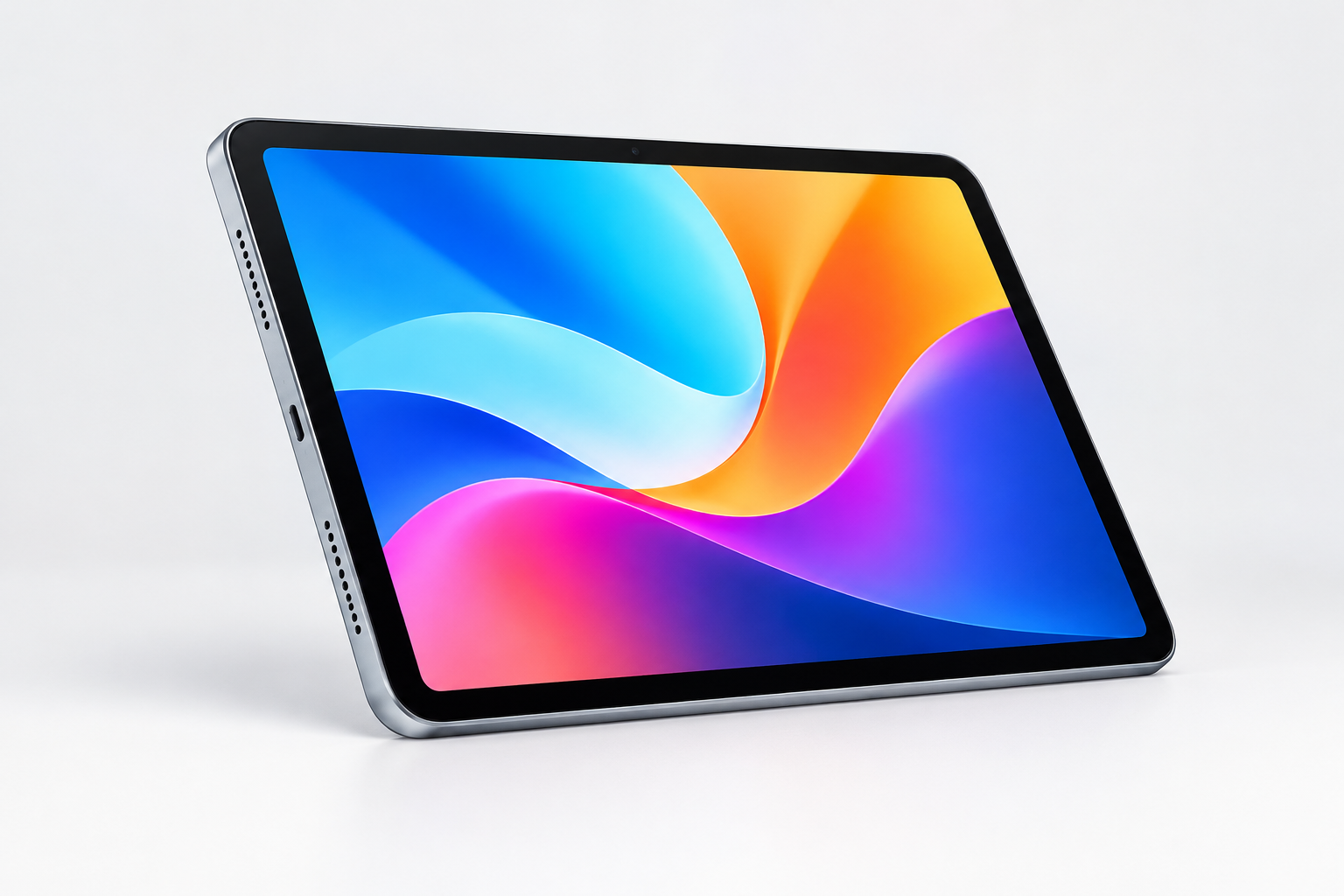 Modern silver tablet angled slightly with bright display and minimal reflection
