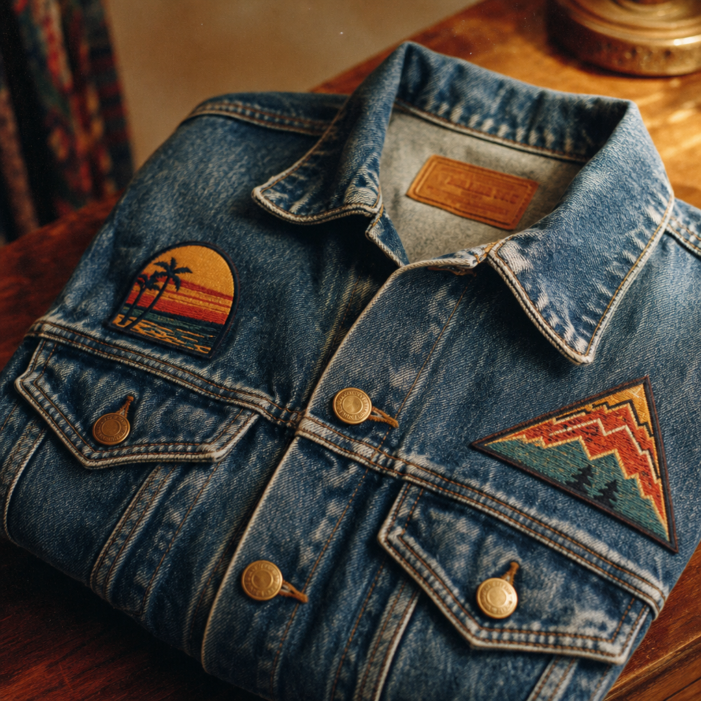 Close-up film photo of a 1980s denim jacket with embroidered patches and brass buttons