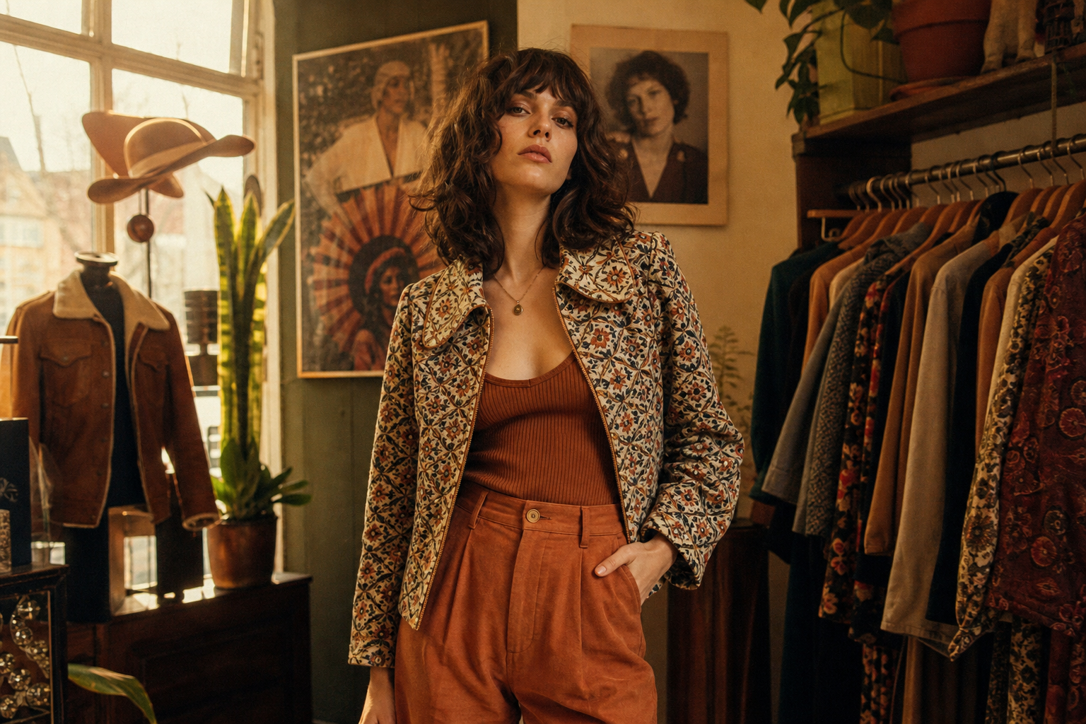 Warm film-style photograph of a model wearing a patterned 70s jacket and high-waisted trousers in a cozy vintage boutique