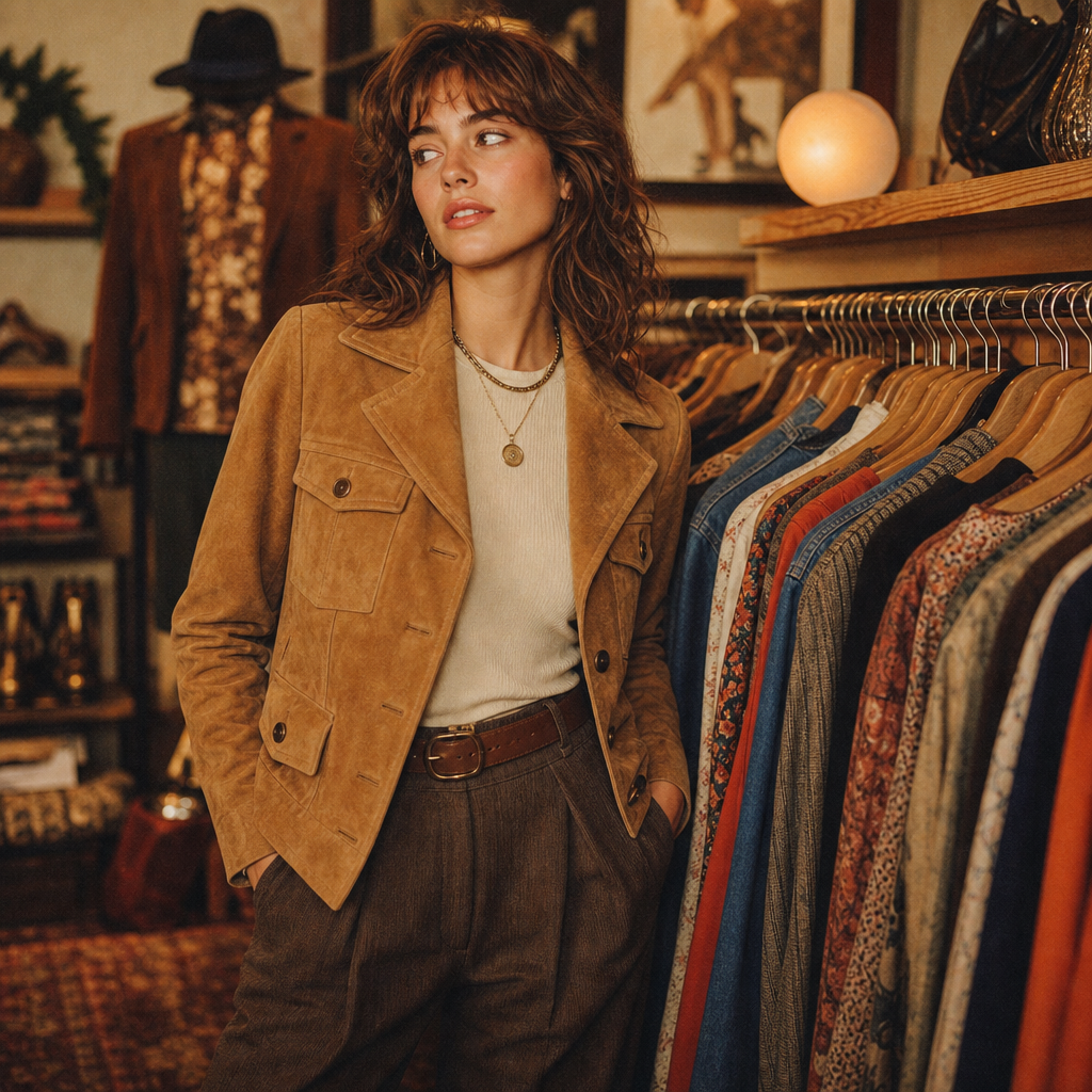 Warm film-style portrait of a stylist in a vintage boutique, surrounded by hanging 70s and 80s garments