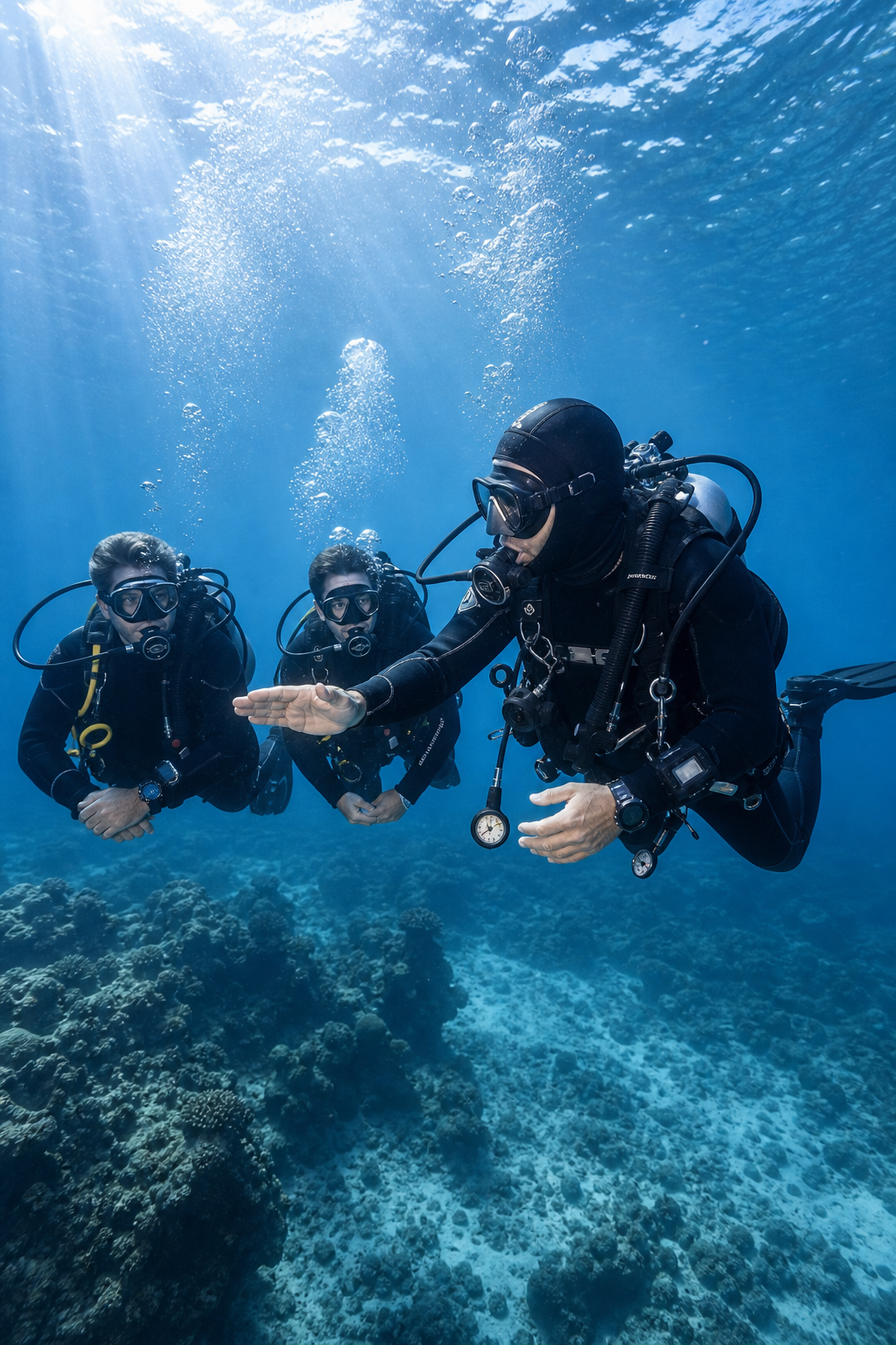 Calm, well-equipped scuba divers in clear blue water during a guided training dive with balanced composition and premium editorial framing
