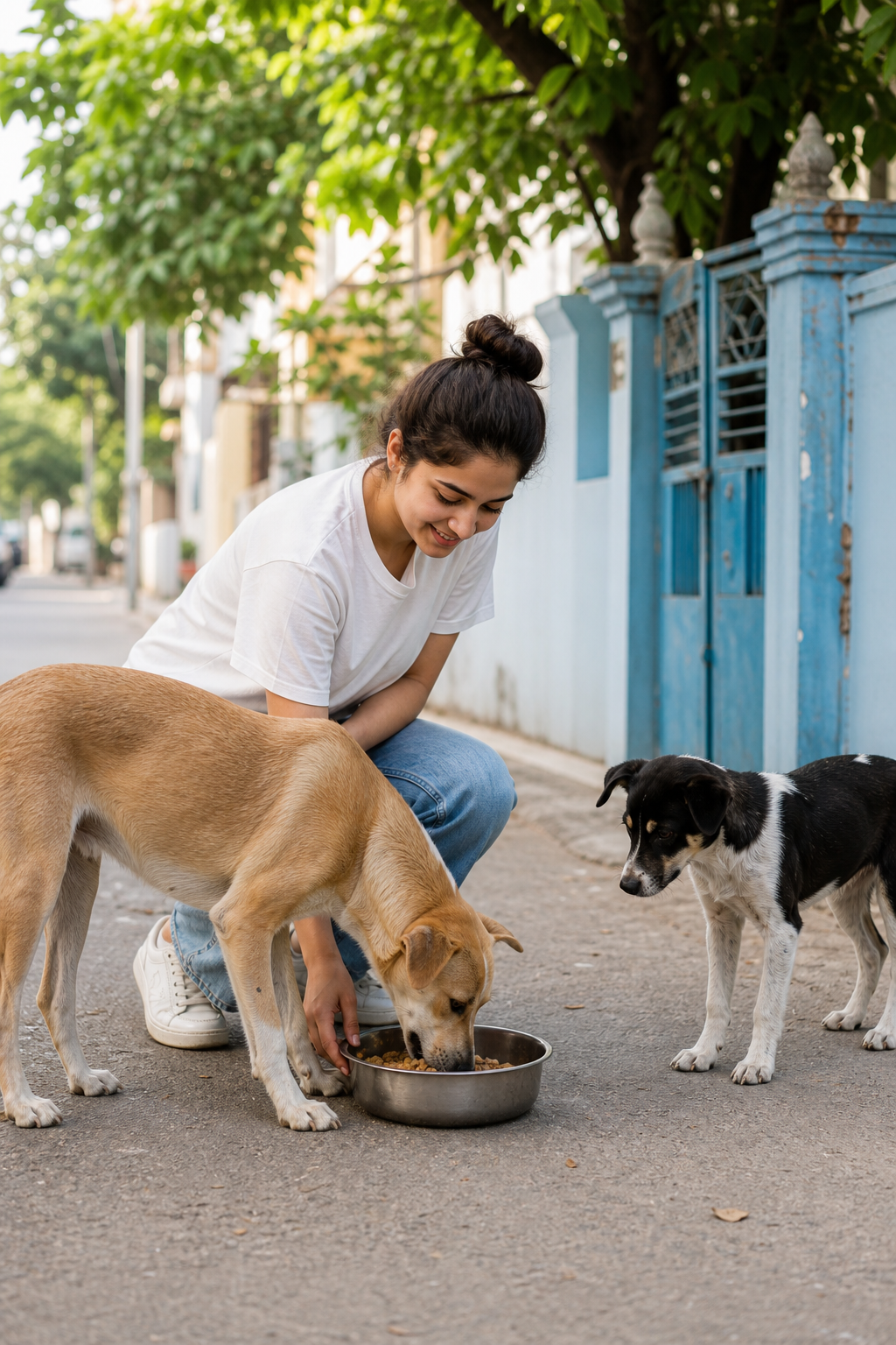 Hopeful candid scene of Ayari feeding stray dogs on a quiet neighborhood street at soft daylight