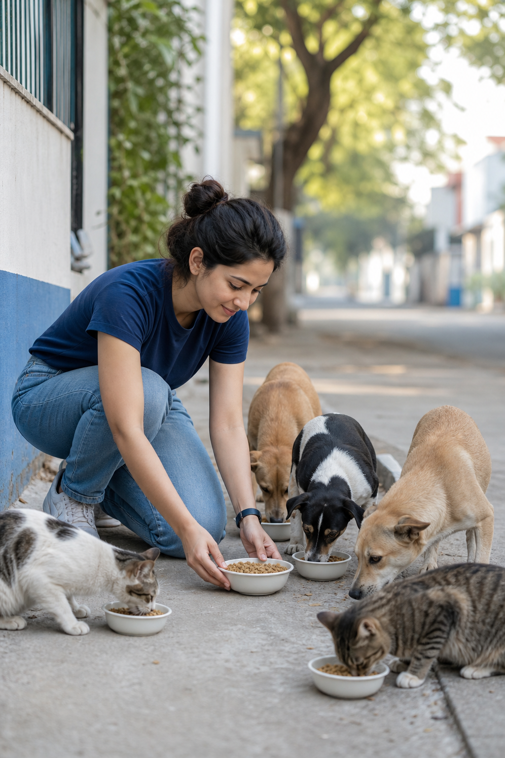 Hopeful outdoor scene with a compassionate person gently placing food bowls for stray cats and dogs in a clean urban neighborhood
