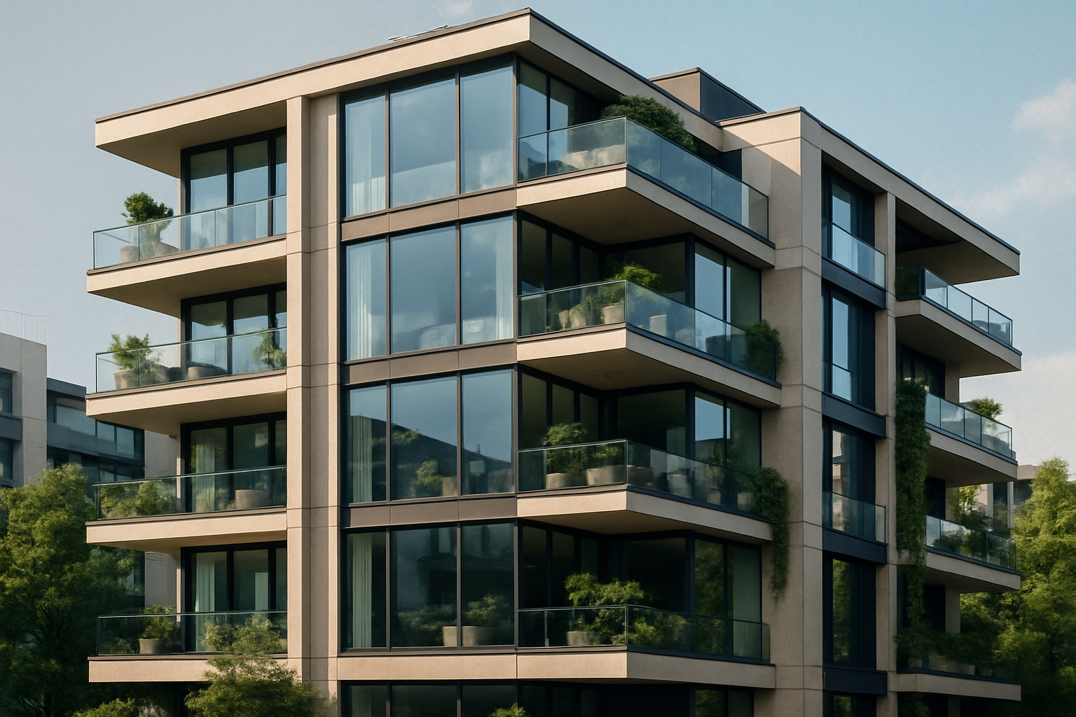 Modern premium residential building in Copenhagen with large glass windows and greenery
