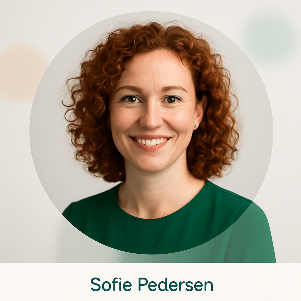 Portrait of Sofie Pedersen, a woman with curly red hair, green blouse, smiling warmly