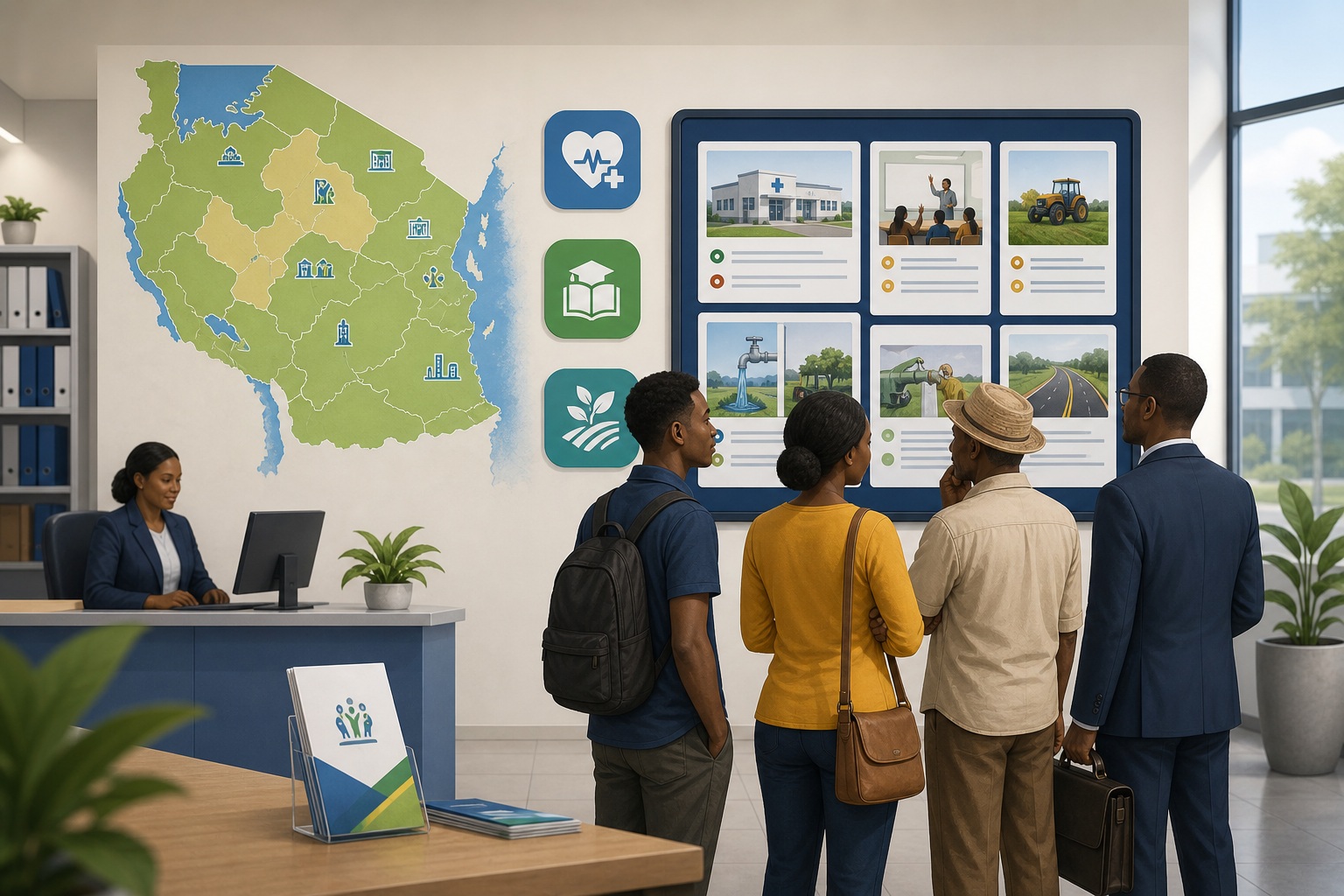 Illustrated civic information hub with a map of Tanzania, public service icons, and people reviewing updates on a notice board