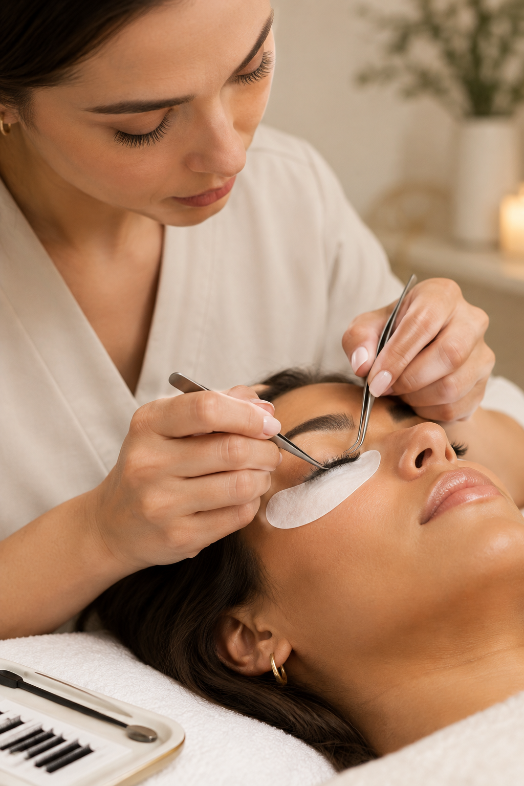 Close-up beauty service detail of a lash technician applying extensions in a calm premium studio