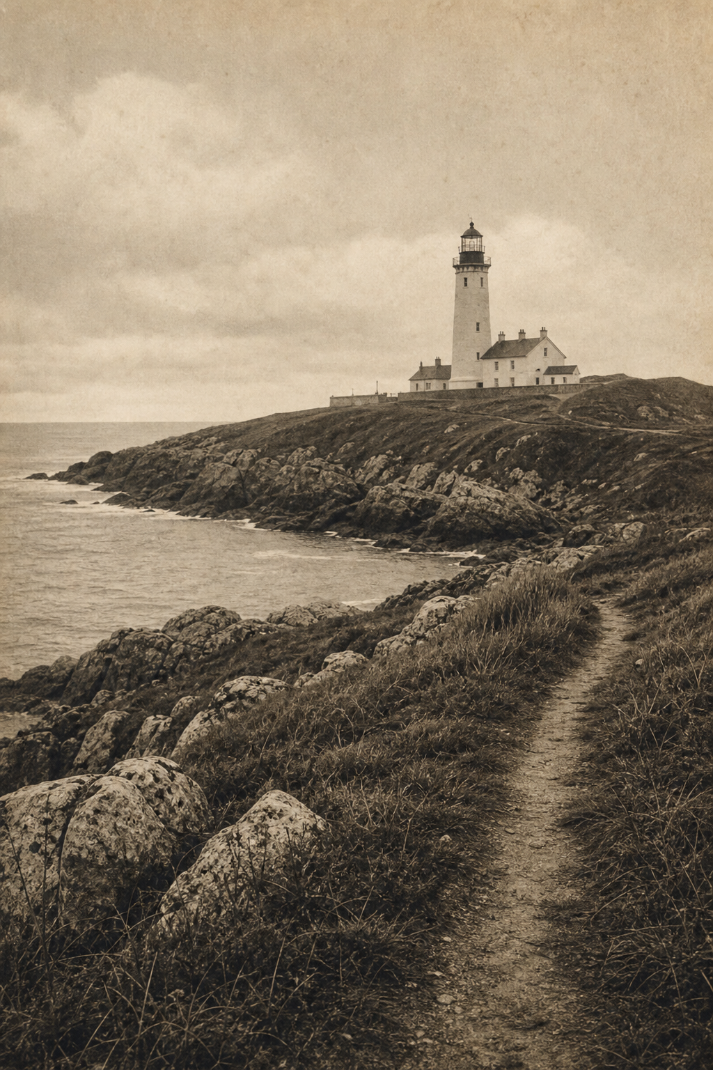 Archival-style coastal scene showing a lighthouse approach along a rugged northern shoreline