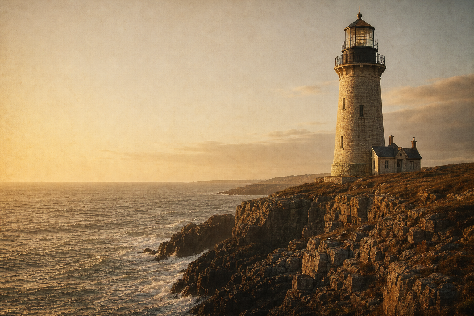 Historic stone lighthouse on a rugged northern coastline at golden hour, with warm film-like light over sea cliffs and rolling waves
