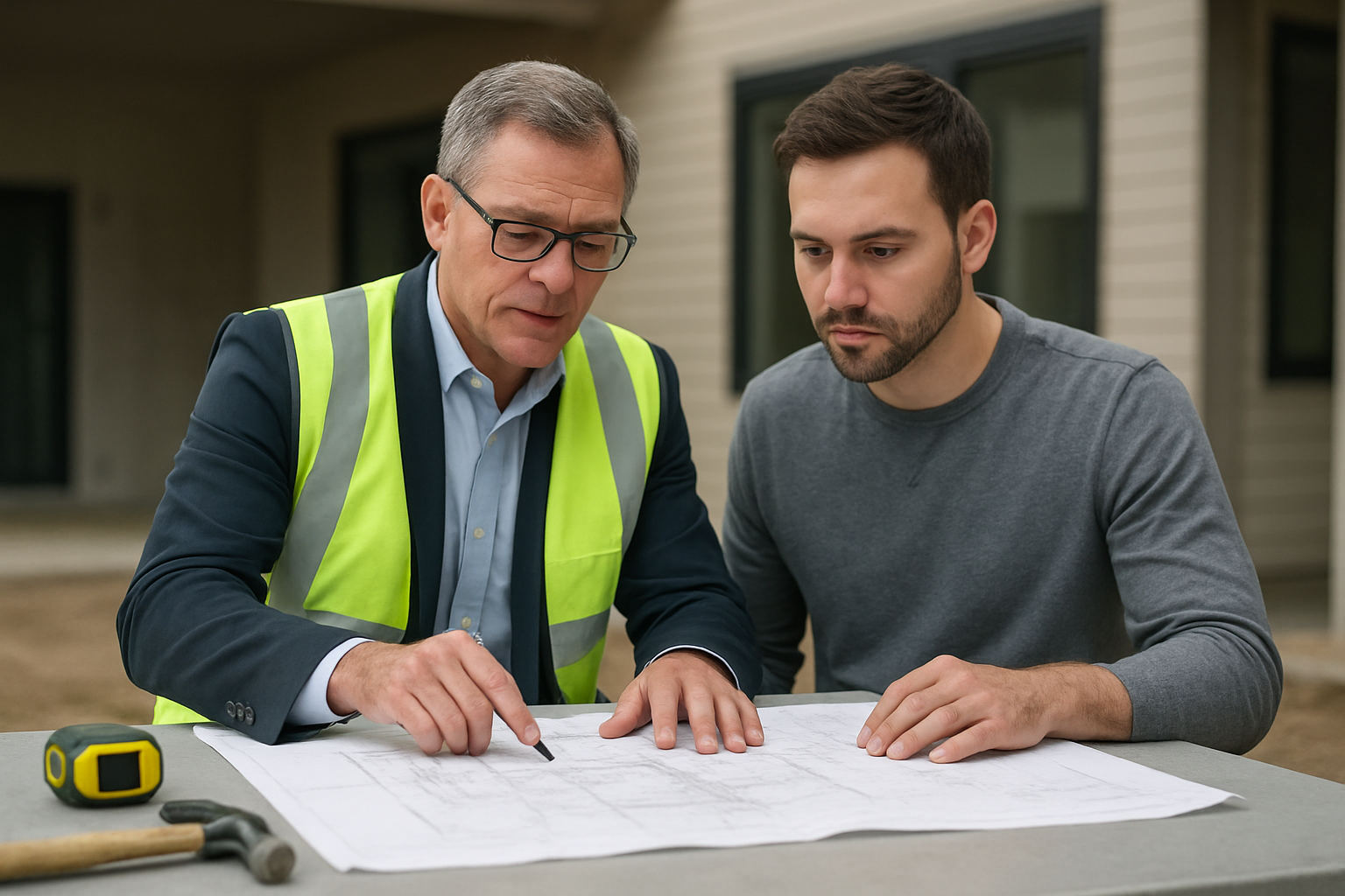 Senior construction consultant reviewing blueprints with a homeowner at a worksite table