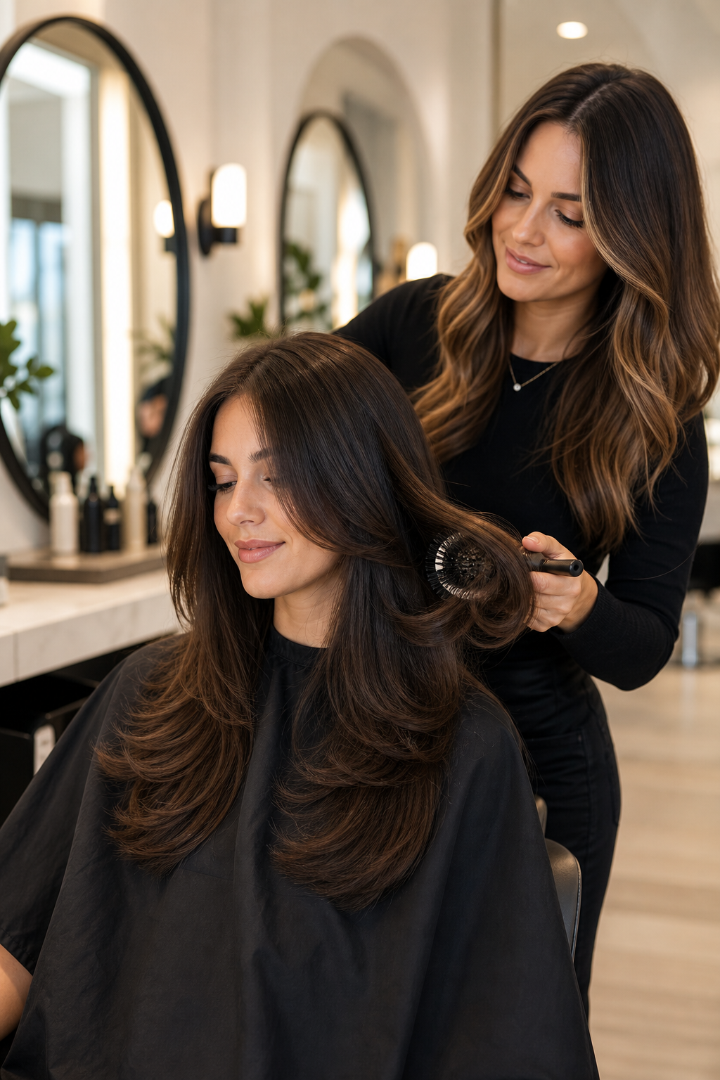 Modern hair studio styling moment with polished hair, warm soft lighting, and an upscale welcoming atmosphere