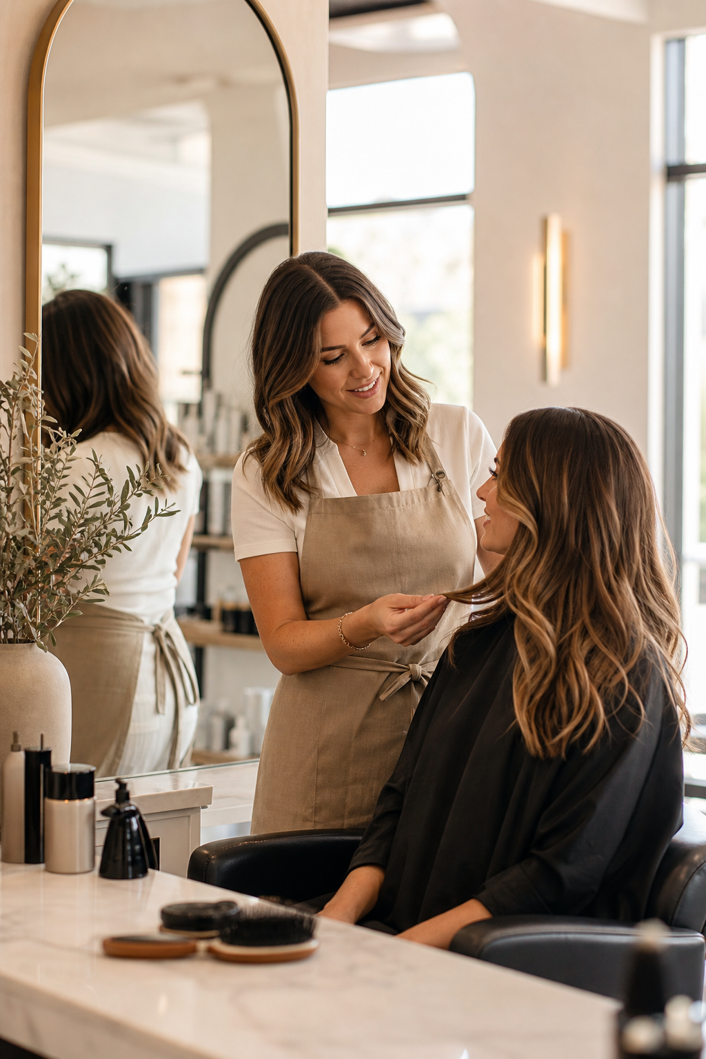Stylist consulting with a client in a bright, calm salon with soft natural light