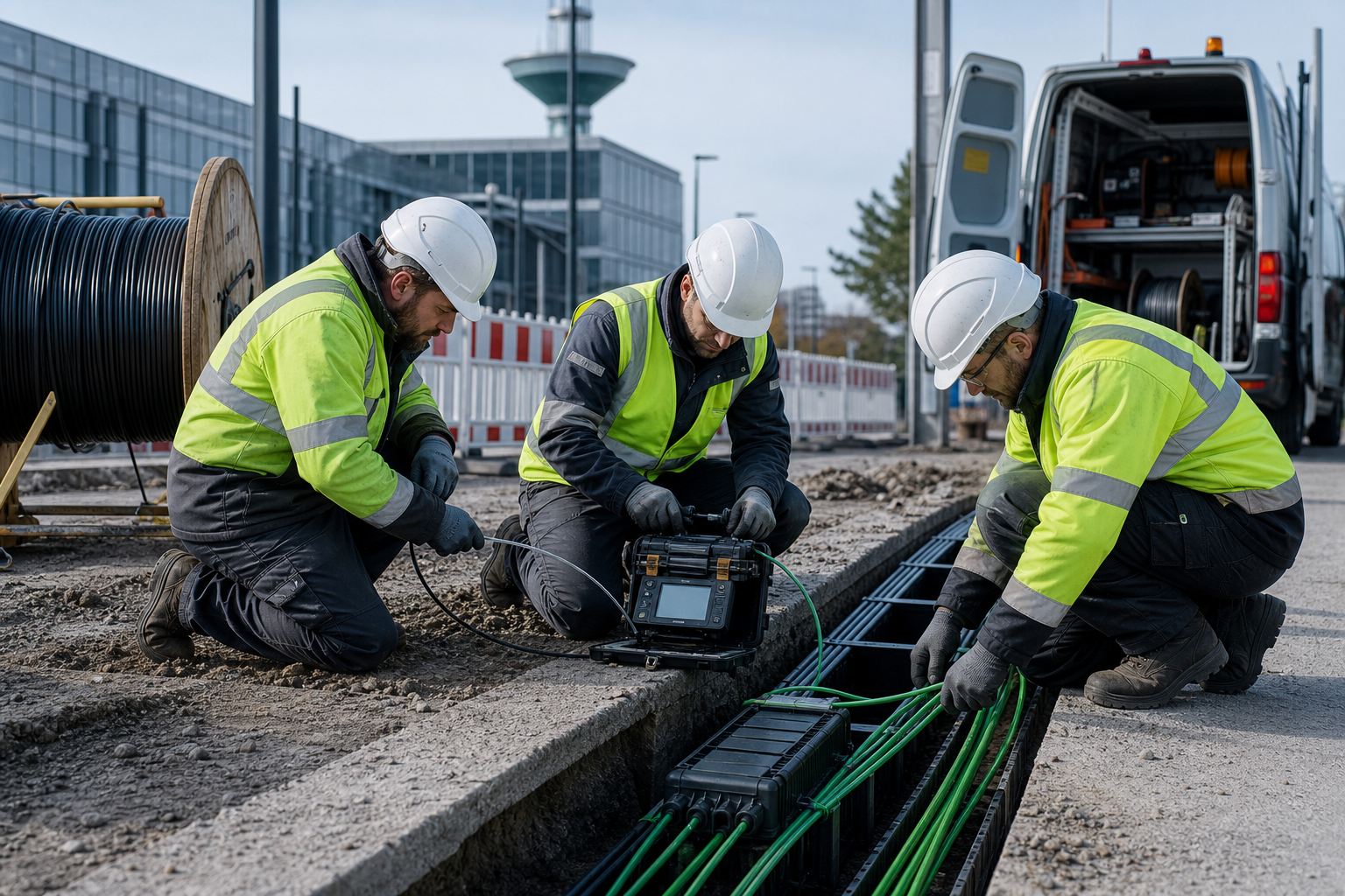 Field engineers installing fiber optic cables at a construction site