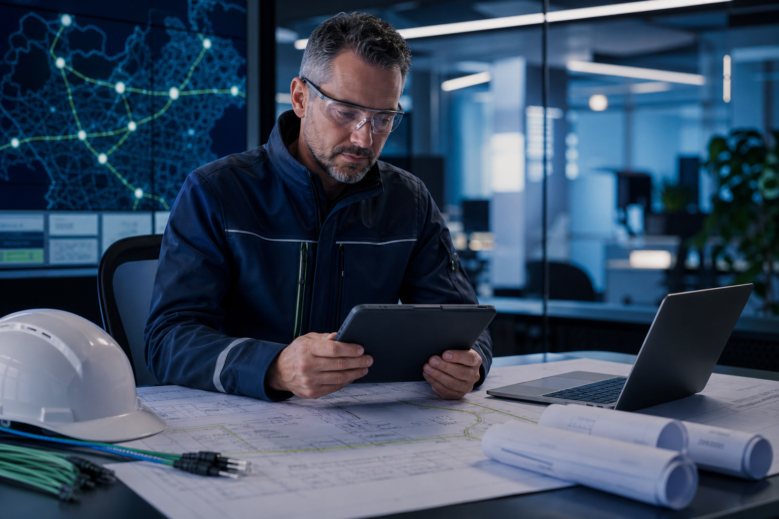 Senior fiber optic engineer reviewing network plans on a digital tablet in a modern project office