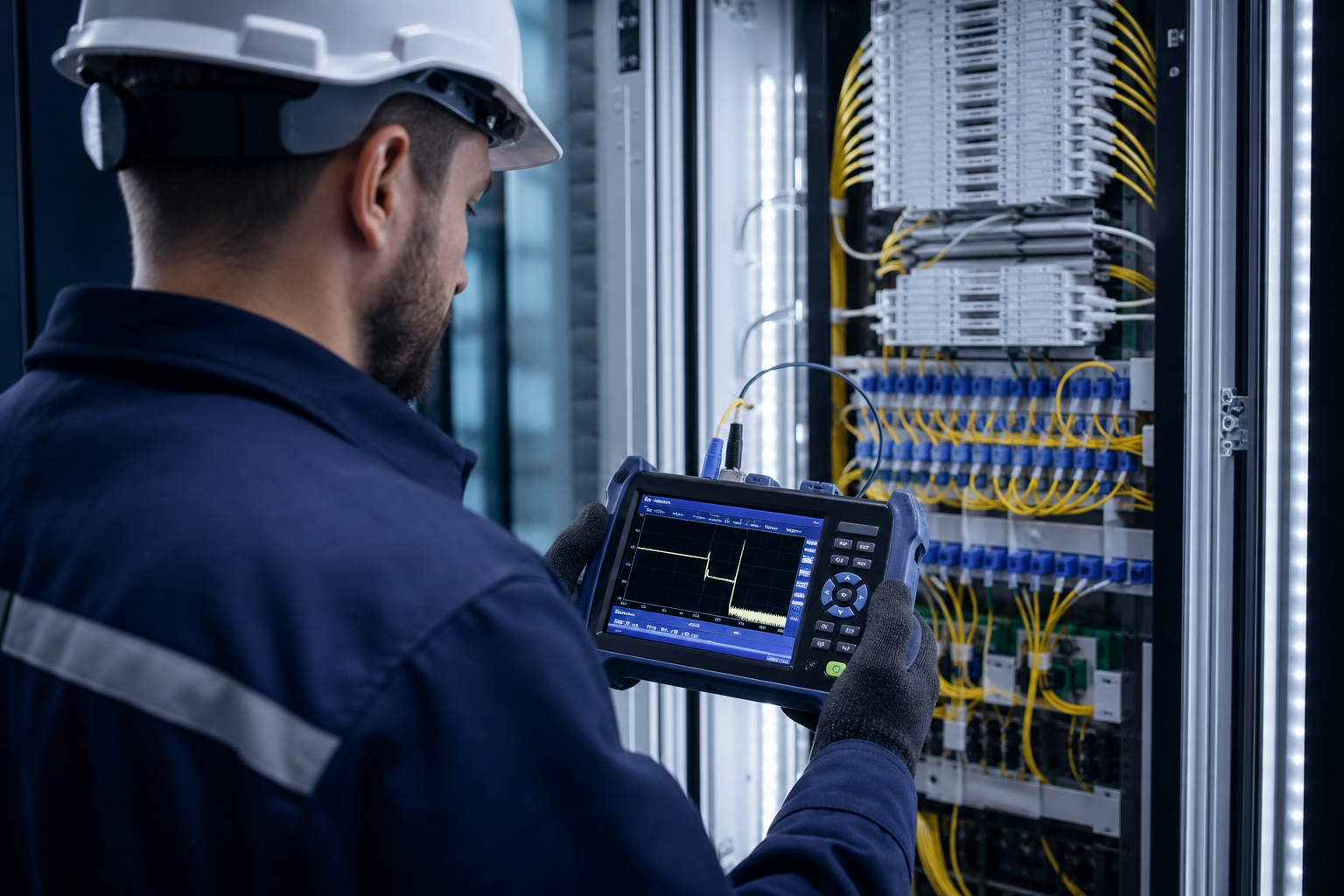 Technician performing OTDR fiber testing with portable equipment inside a clean telecom cabinet