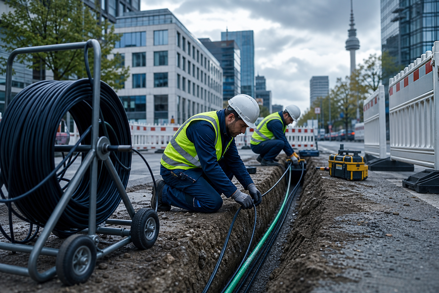 Field technicians installing fiber optic cables along a clean trench with safety gear and modern equipment