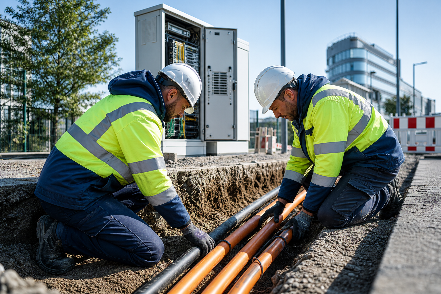 Field engineers installing fiber optic conduits beside a trench with modern telecom infrastructure in the background