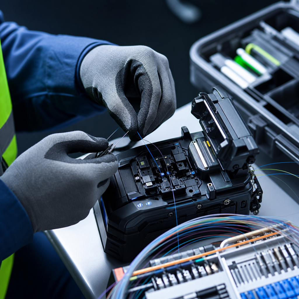 Close-up of a technician performing fiber optic splicing with precision tools