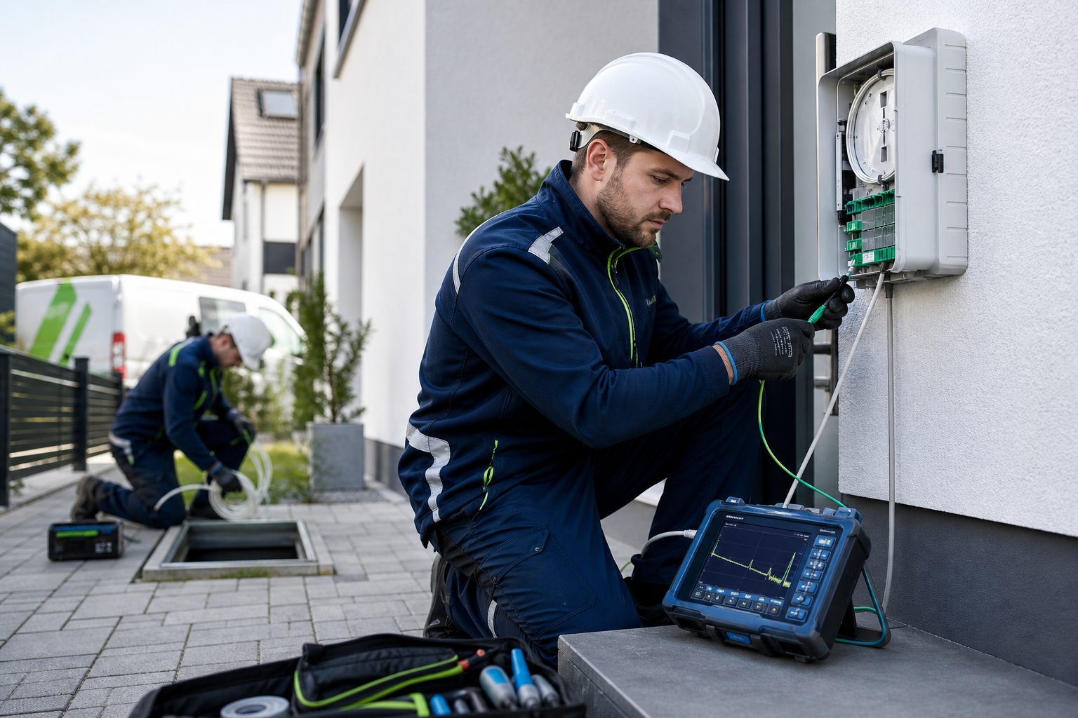Field team installing residential fiber house connection with onsite testing