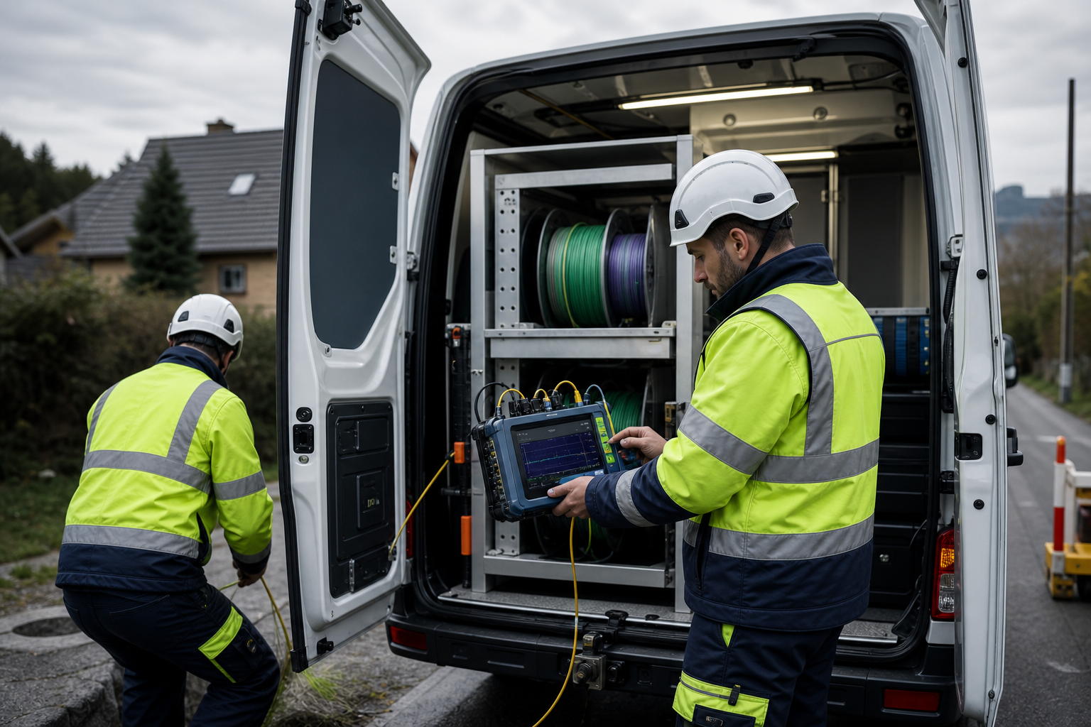 Technicians performing fiber maintenance and OTDR testing in a service van
