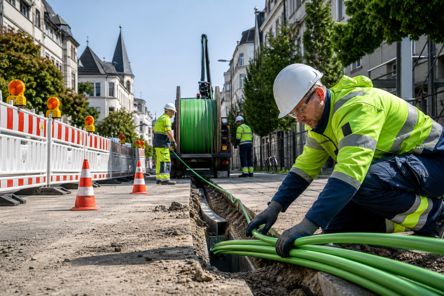 Municipal fiber rollout with crew installing ducting along an urban street