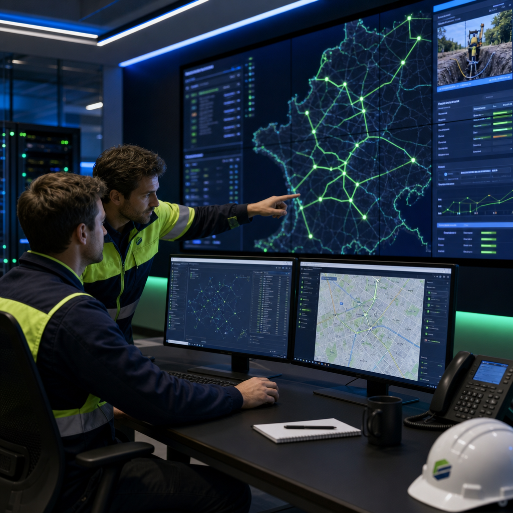 Modern fiber network control room with engineers reviewing deployment maps