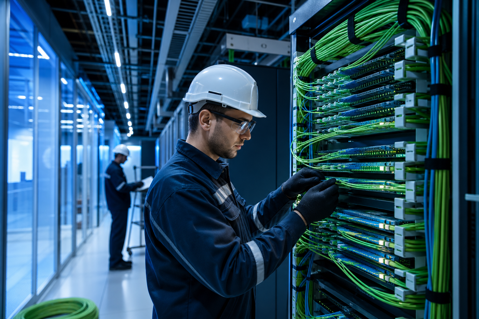Telecom infrastructure expansion with fiber technicians working in a data hub