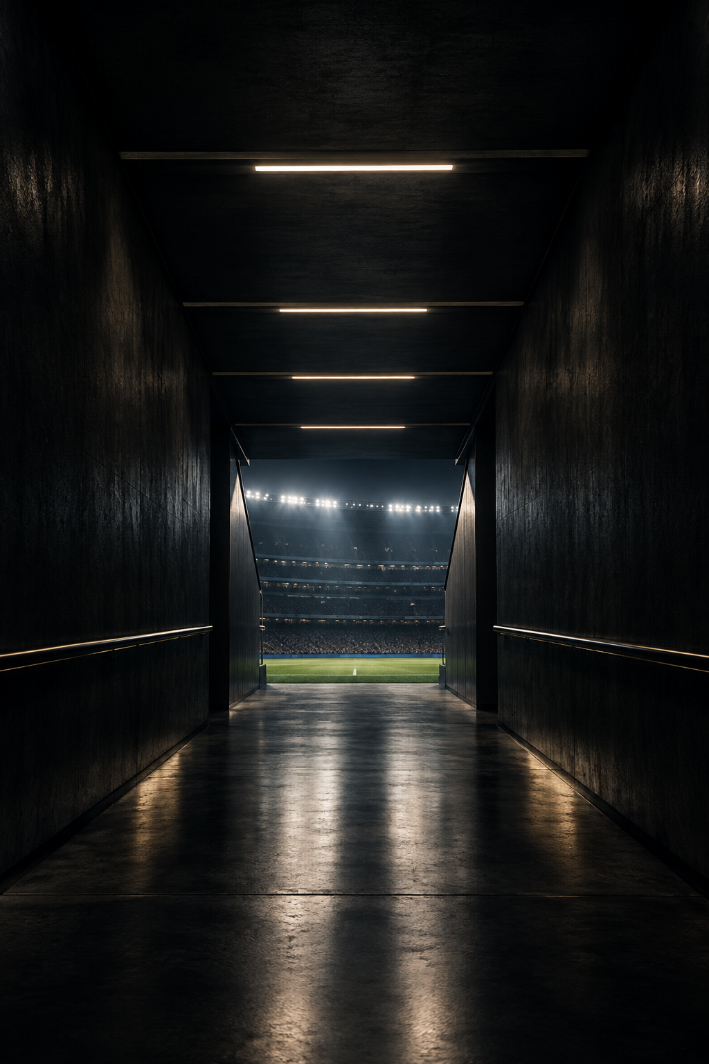 Cinematic sports stadium tunnel with dramatic overhead lights, textured atmosphere, and a premium editorial mood