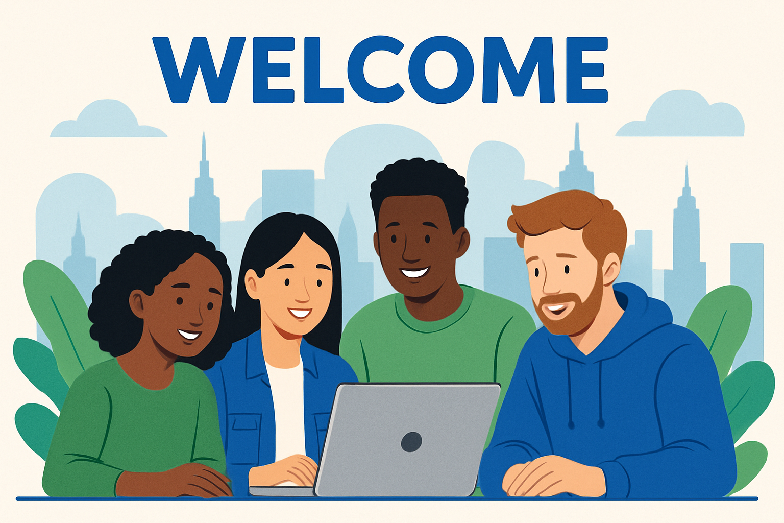 Diverse group of job seekers looking at a laptop, with USA city skyline in background, conveying opportunity and optimism