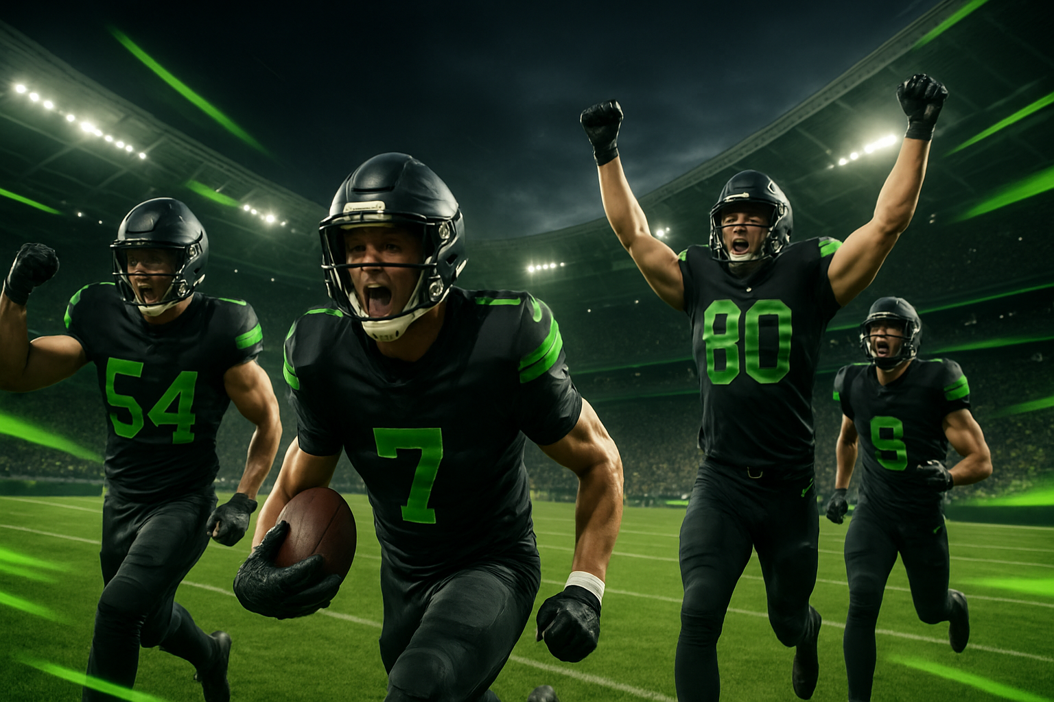 Energetic football team celebrating in dynamic stadium with green and black accents as sporty background