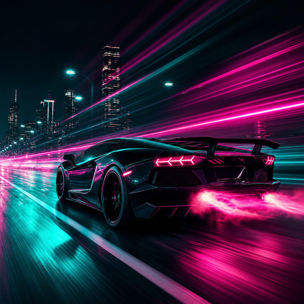 Album cover showing a speeding car with neon lights streaking across a dark highway