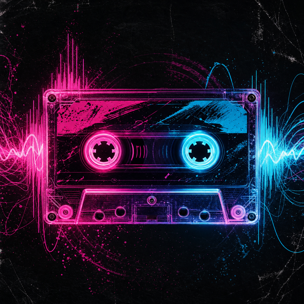 Album cover with neon tape and abstract soundwaves on a dark background
