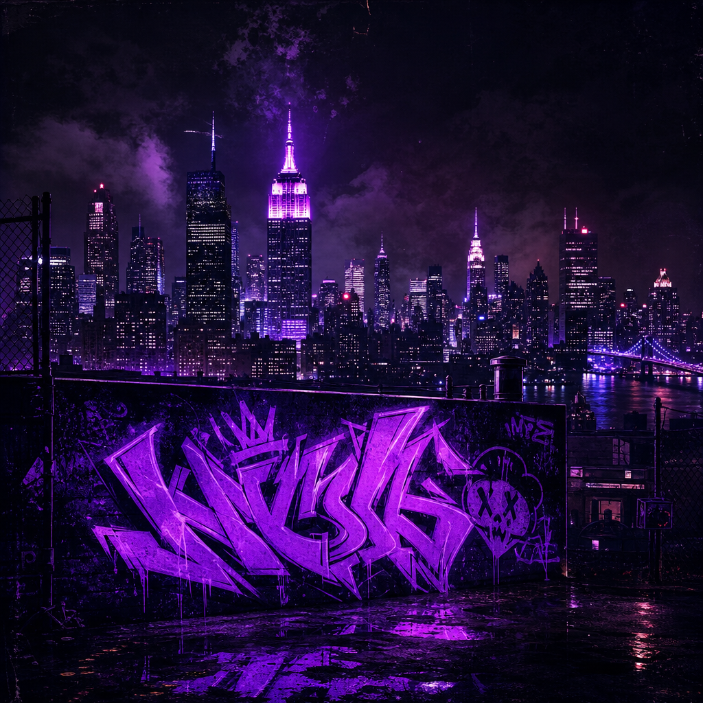 Album cover featuring a moody city skyline with glowing graffiti accents