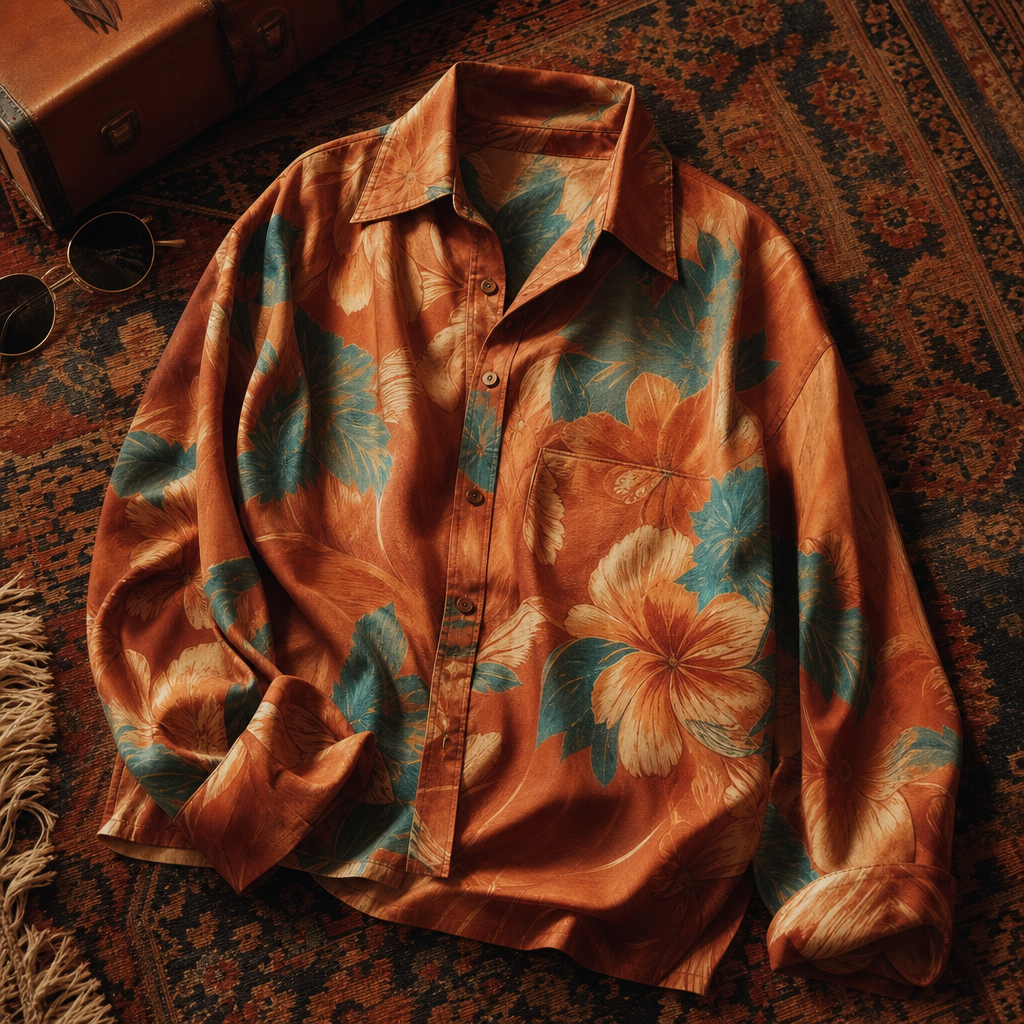 Vintage silk shirt with oversized floral print in terracotta and teal, folded on a patterned rug