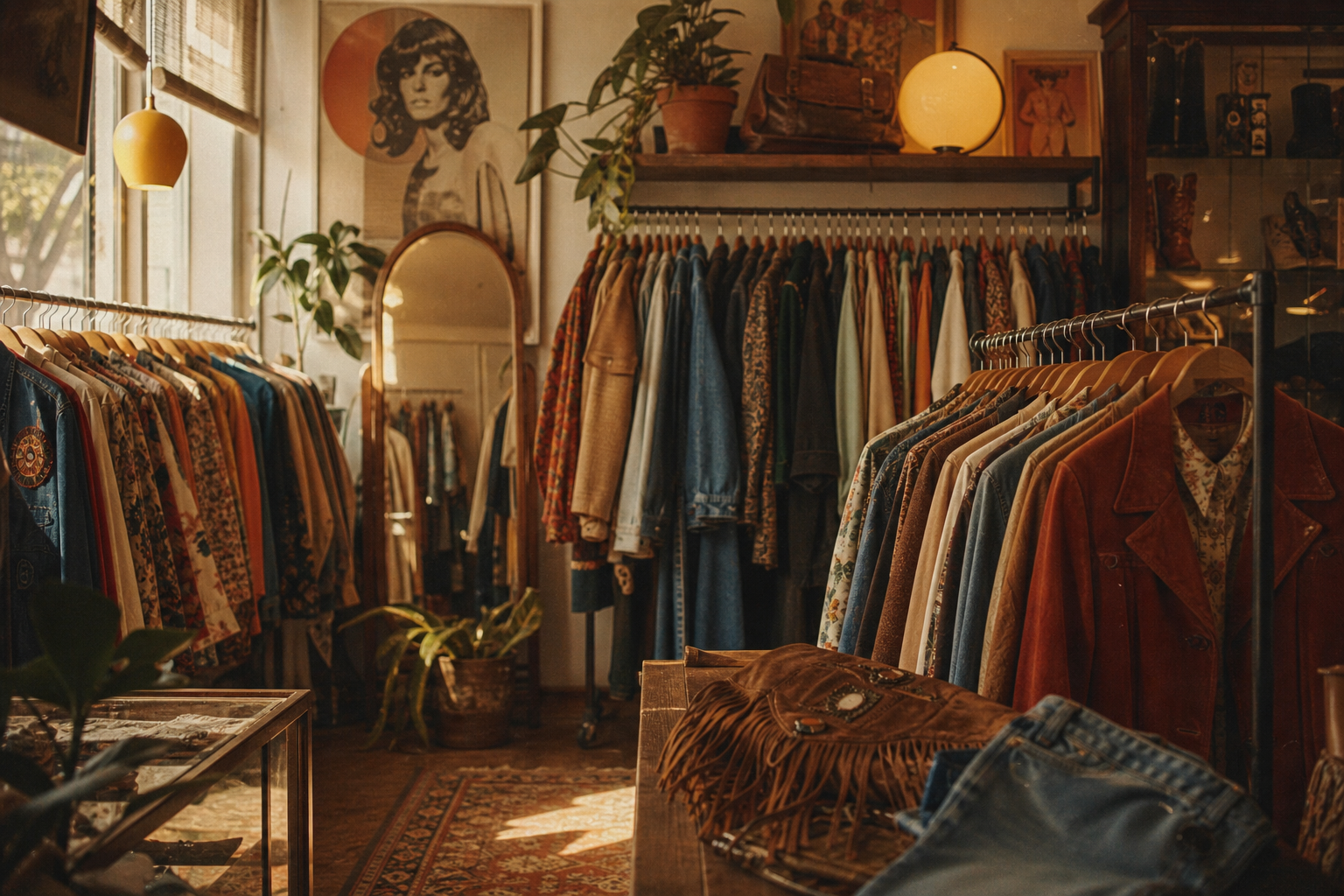 Warm, softly faded vintage boutique interior with racks of 70s and 80s clothing, amber light, and textured film grain