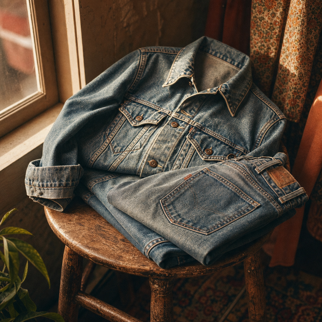 Faded indigo denim jacket paired with high-rise straight jeans folded on a wooden stool, warm amber light