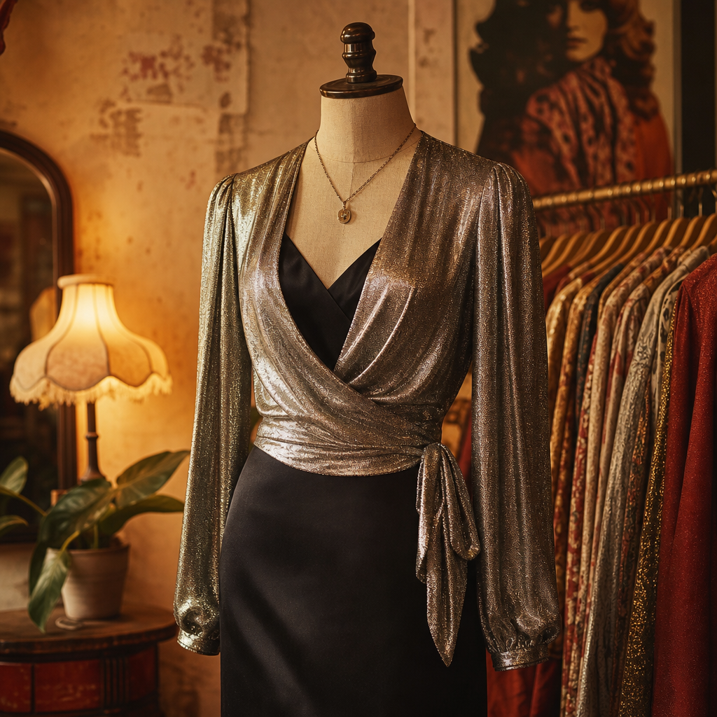 Silver lame9 wrap blouse layered over a black satin slip dress, styled on a vintage mannequin with warm film grain