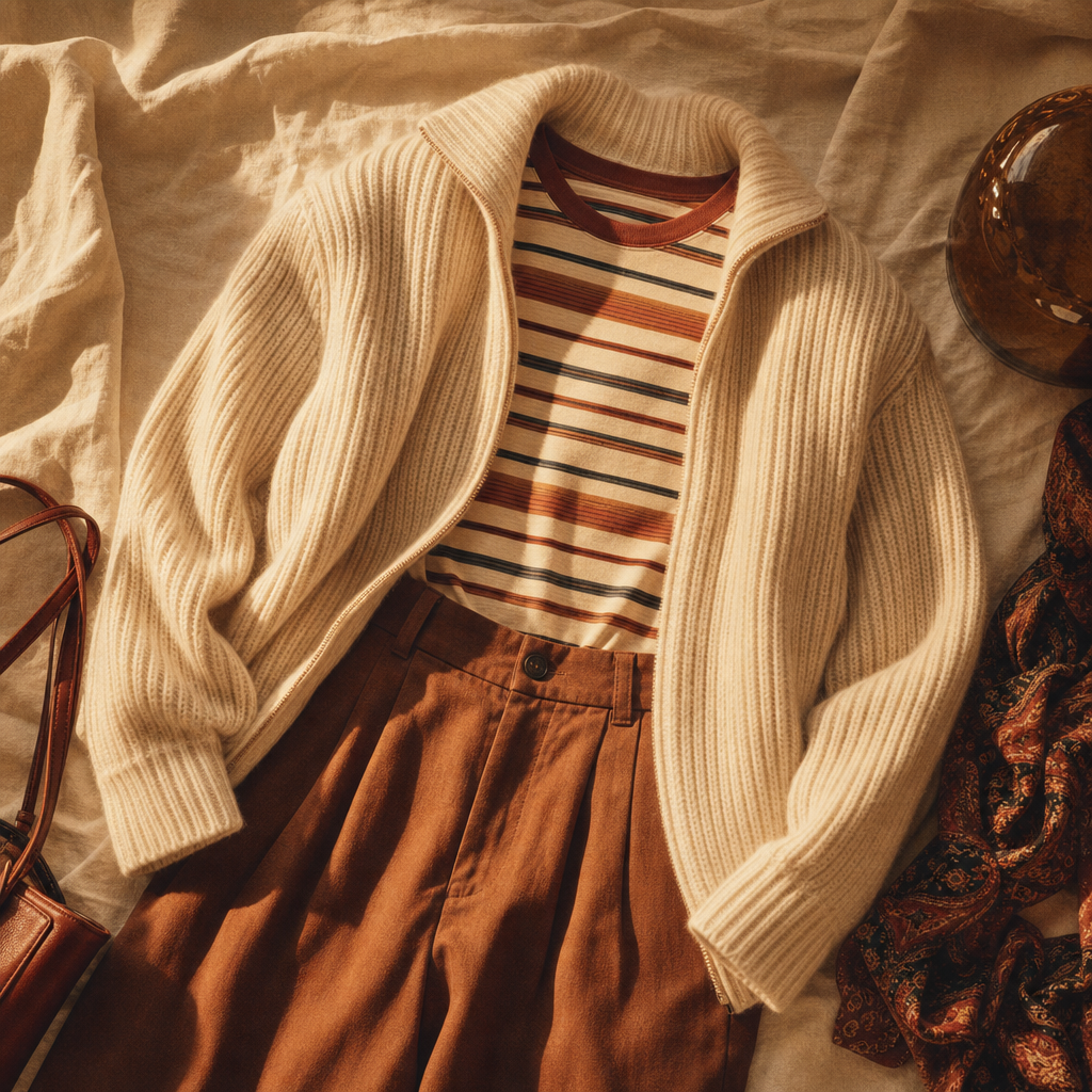 Cream ribbed sweater layered over a striped vintage tee with high-waist trousers, laid out on linen