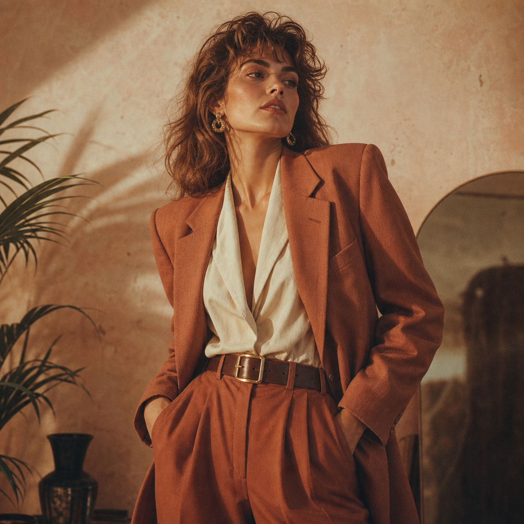 Cinematic portrait of a model in a structured 80s blazer and high-waisted trousers, warm terracotta tones and soft film texture