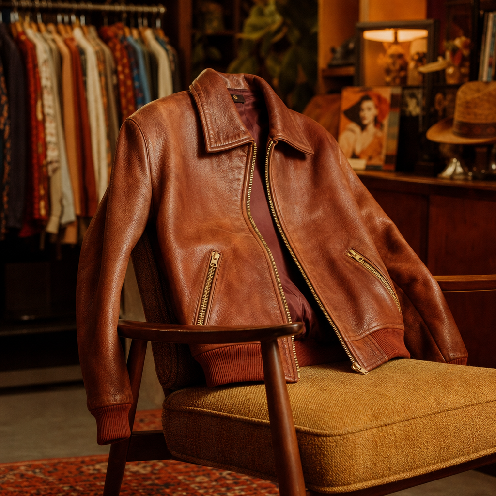 Cinnamon leather bomber jacket draped over a chair with gold zipper details, soft spotlighting