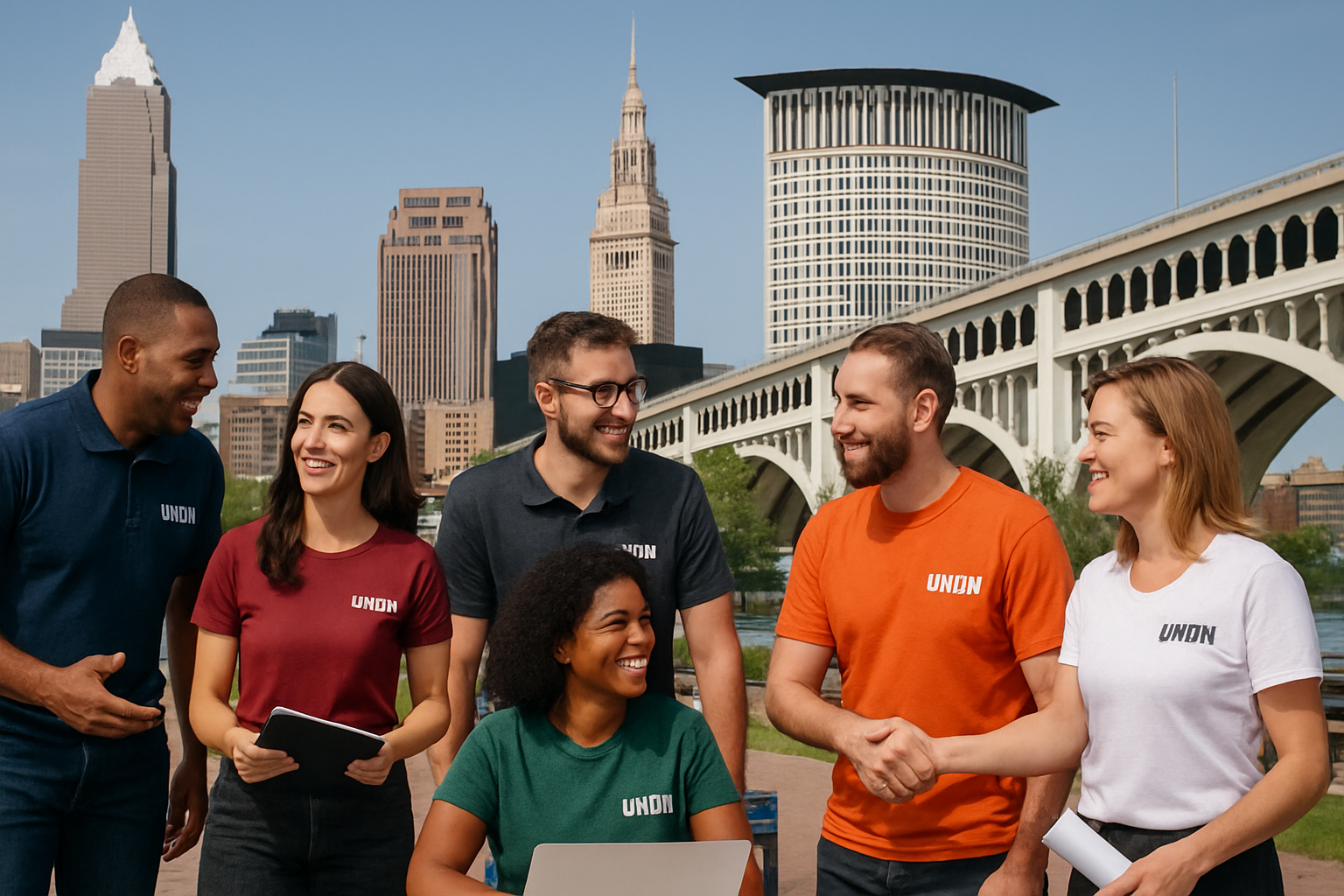 Cleveland cityscape with union members and community in action