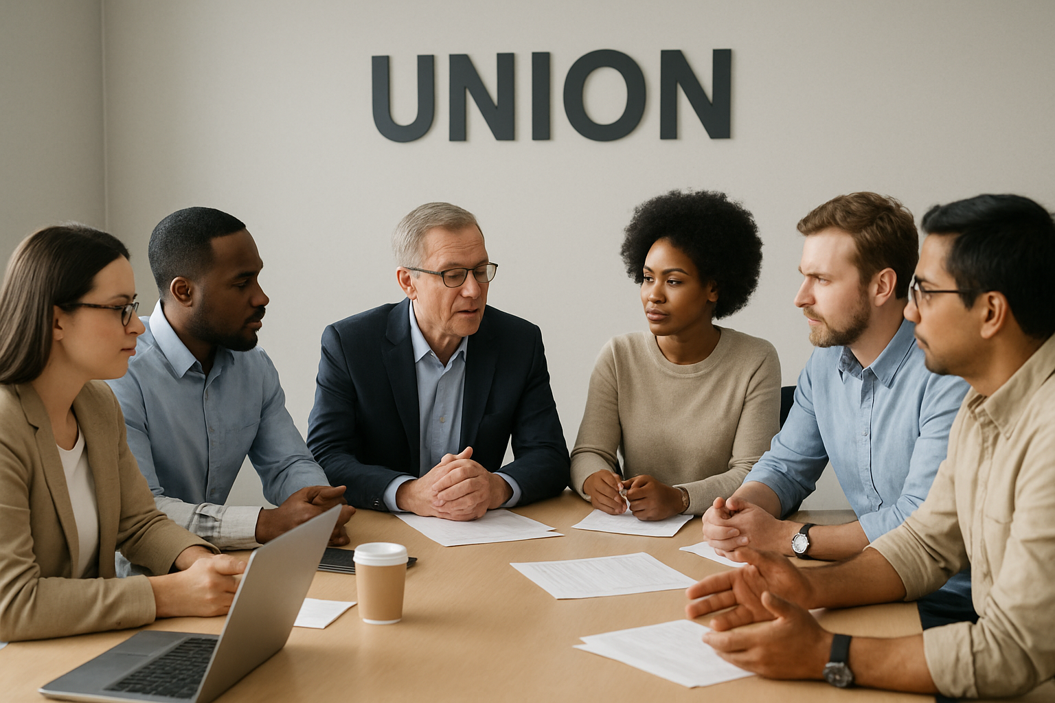 Union members meeting in a modern conference room