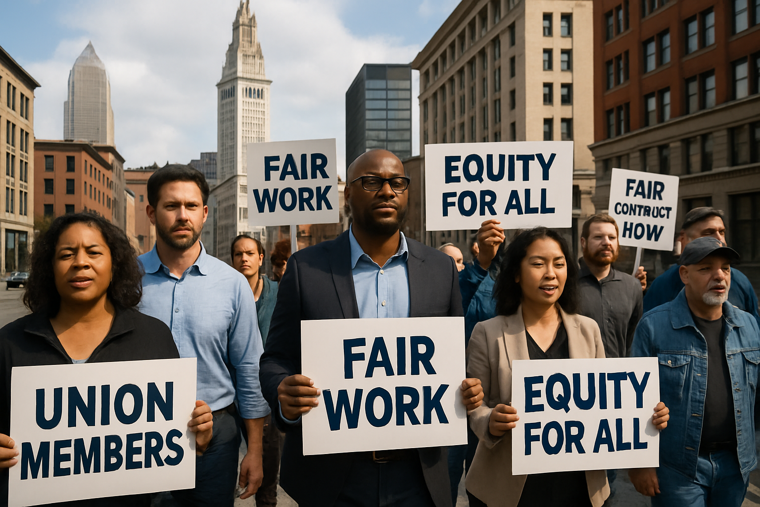 Union members marching in downtown Cleveland