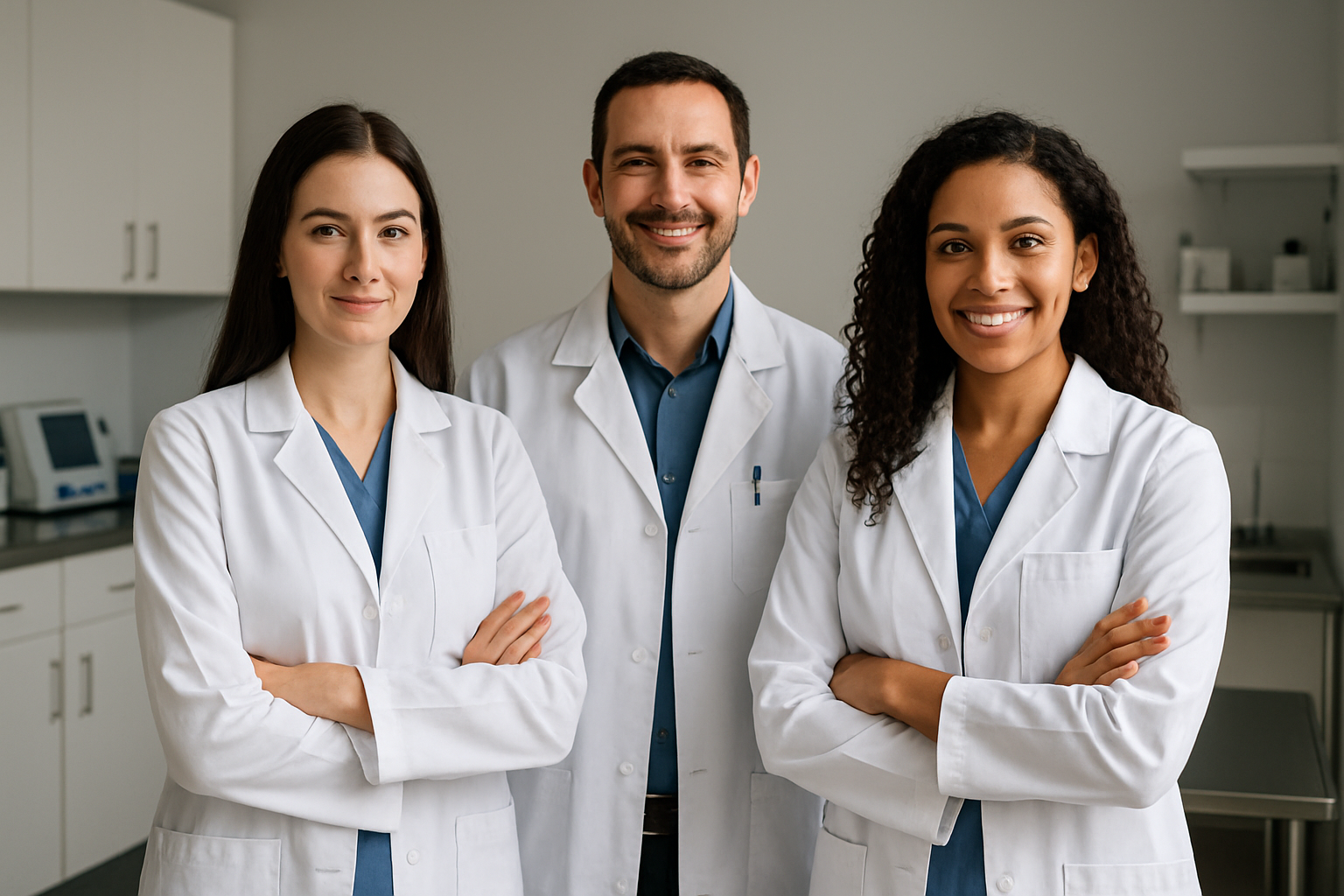 Equipe veterinária brasileira em ambiente clínico moderno e organizado