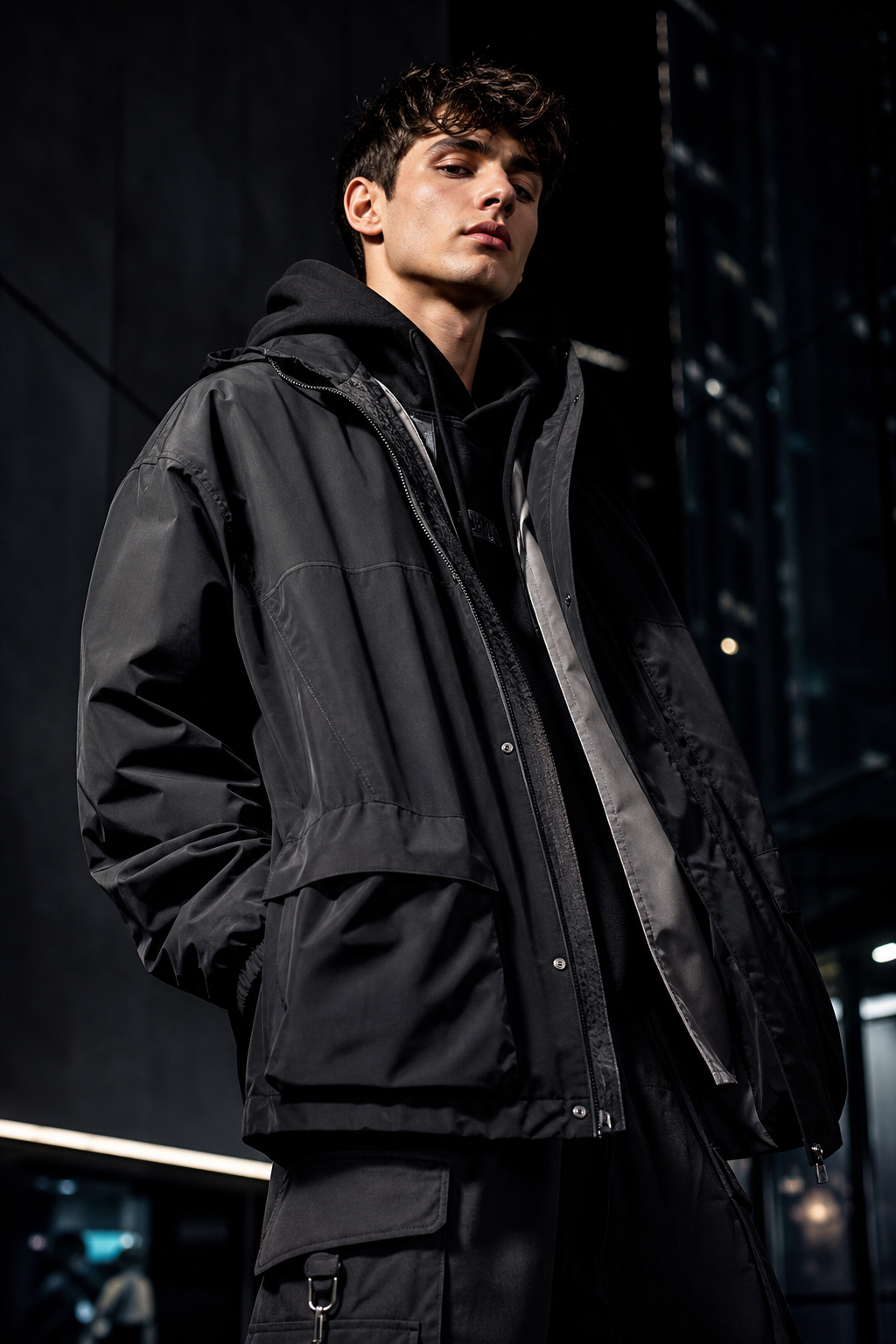 Koyu tonlarda, premium streetwear stilinde yakın plan editorial moda sahnesi