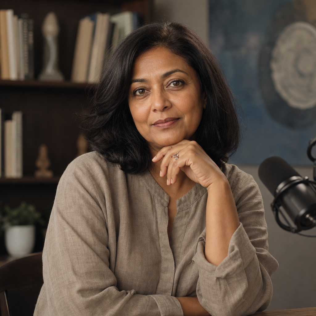 Thoughtful portrait of a woman in a soft-lit studio, wearing a neutral linen blouse, with books and a microphone blurred in the background