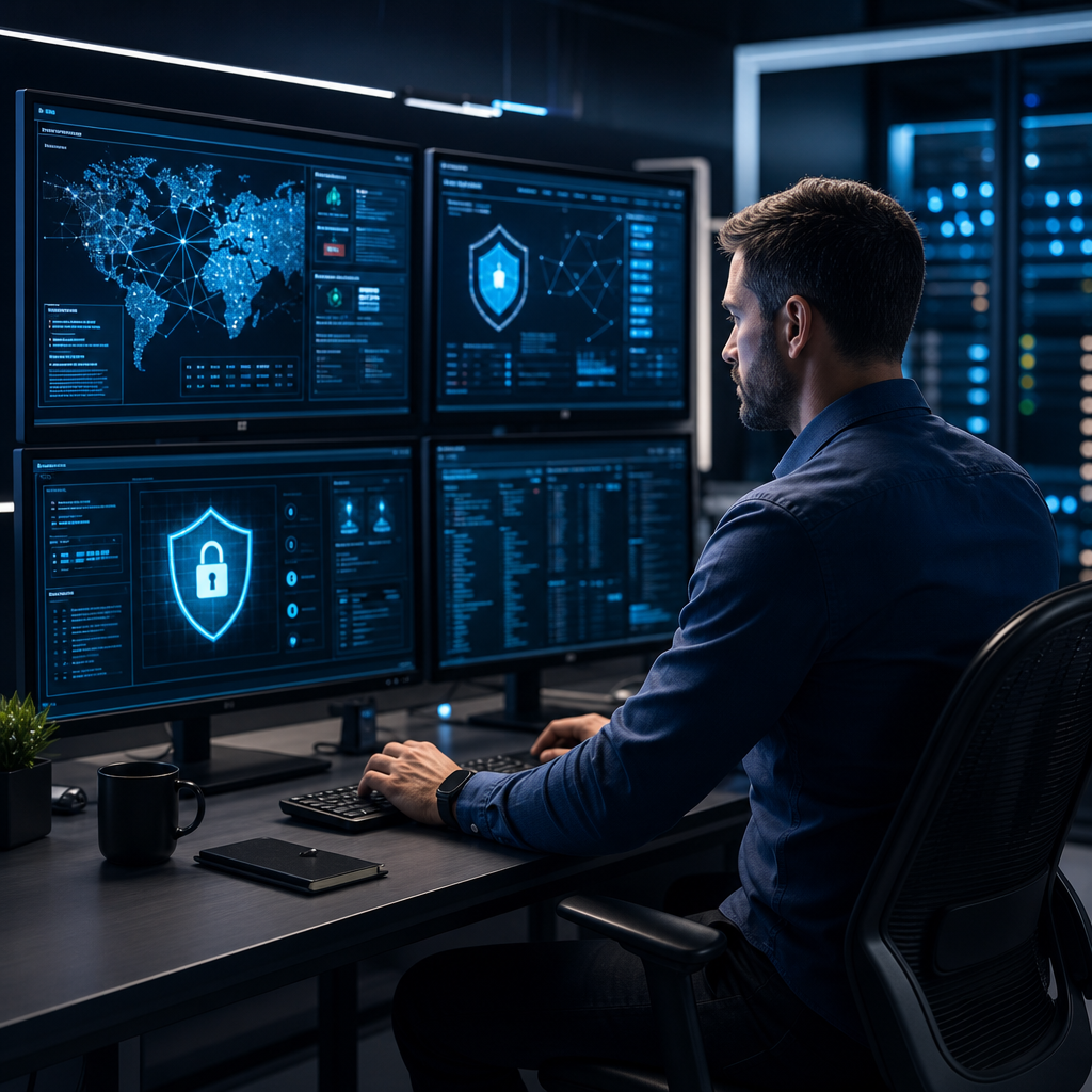 Cybersecurity specialist in a dark modern office reviewing network security on multiple monitors